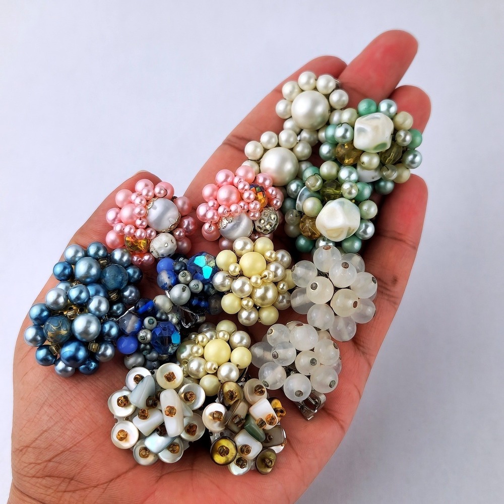 Vintage Clip On Earrings Lot 8 Pairs Beaded Cluster Pearl Mid Century Japan